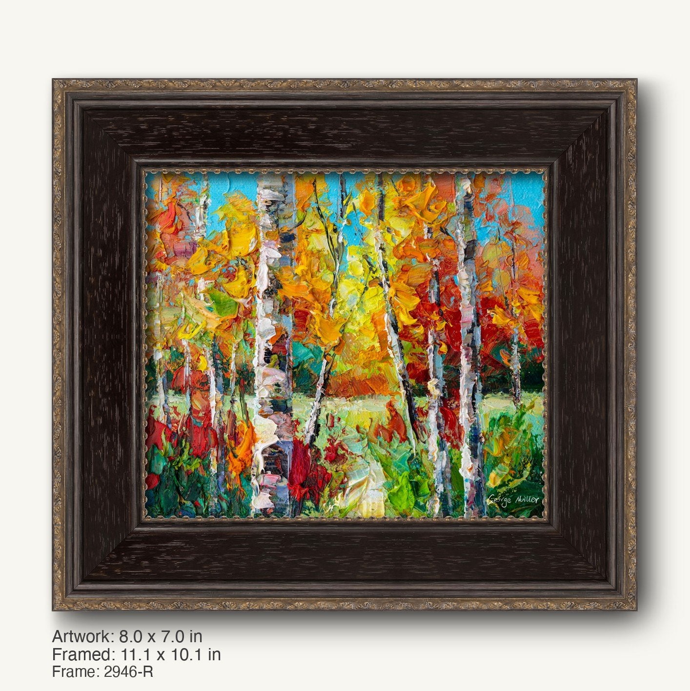Vibrant autumn birch forest oil painting in dark wood frame with gold trim, vertical composition, rich yellow red green hues, signed by artist