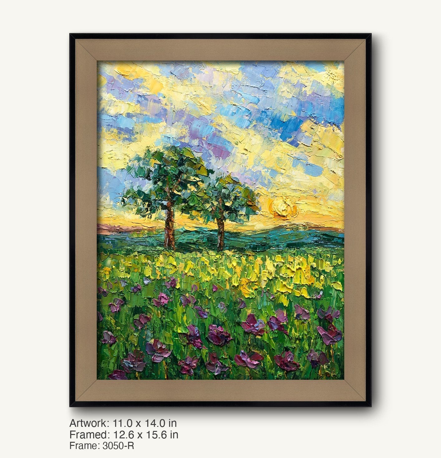 Hand-painted spring meadow landscape in a dark wood frame with black inner edge, featuring vibrant green and yellow fields, purple flowers, two trees, and a textured sky