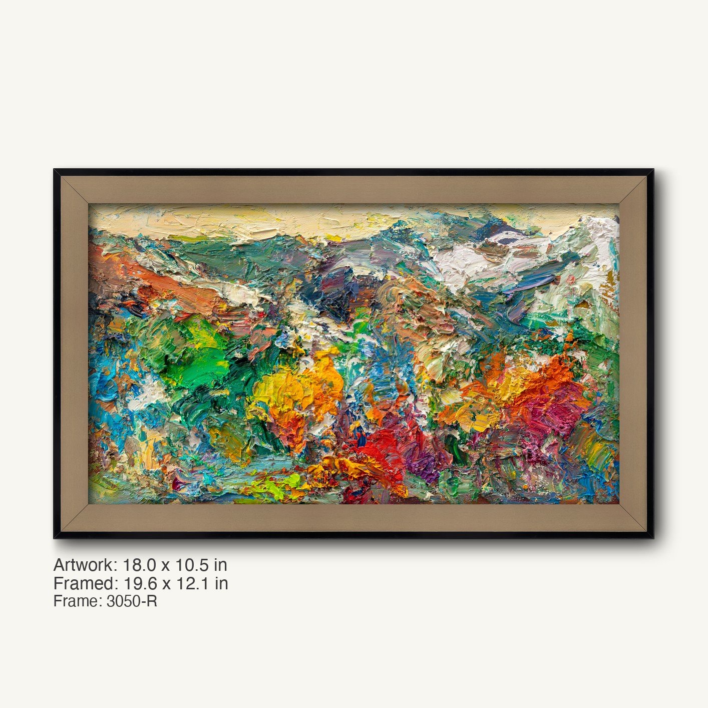 Vibrant hand-painted abstract landscape in a dark wood frame with black inner edge, showcasing bold textures and rich colors on canvas