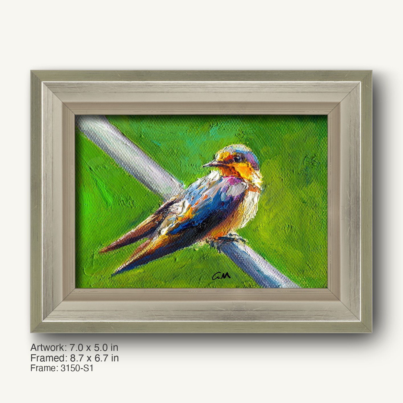 Vibrant oil painting of a colorful bird perched on wire, set in a light gray wooden frame with a modern slim profile, showcasing textured impasto brushwork against a green background.