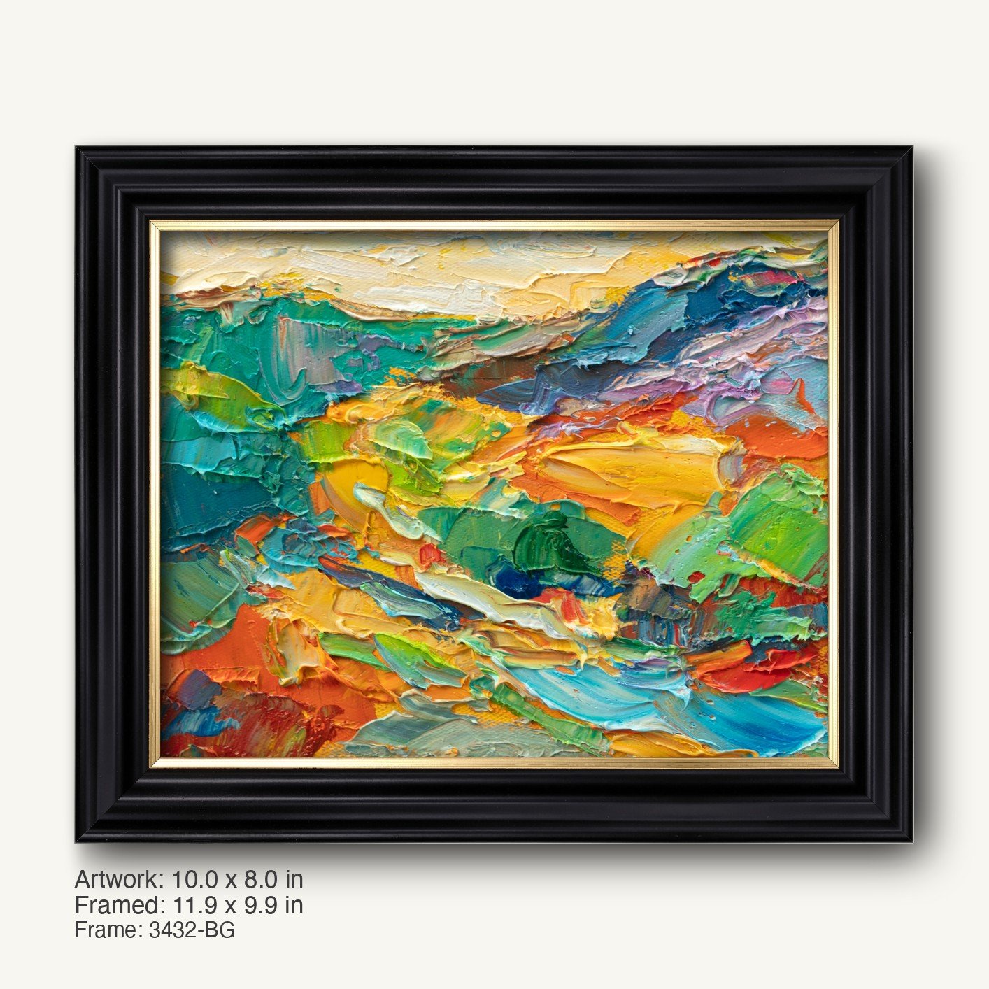 Abstract landscape oil painting with vibrant impasto texture in a black ornate frame, featuring bold blues, greens, reds, and yellows on canvas