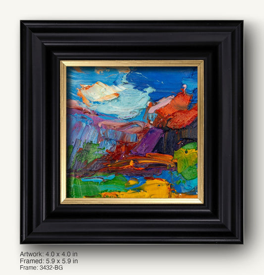 Vibrant abstract oil painting in bold blues, reds, and greens, displayed in a black ornate frame with gold inner liner, creating a striking contrast against a neutral background.