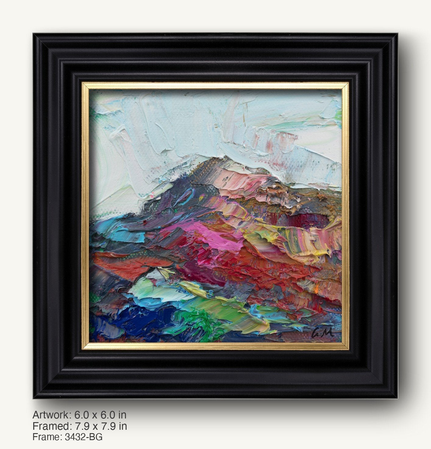 Textured abstract landscape painting in black frame with gold inner liner, featuring bold red, blue, and green hues on canvas