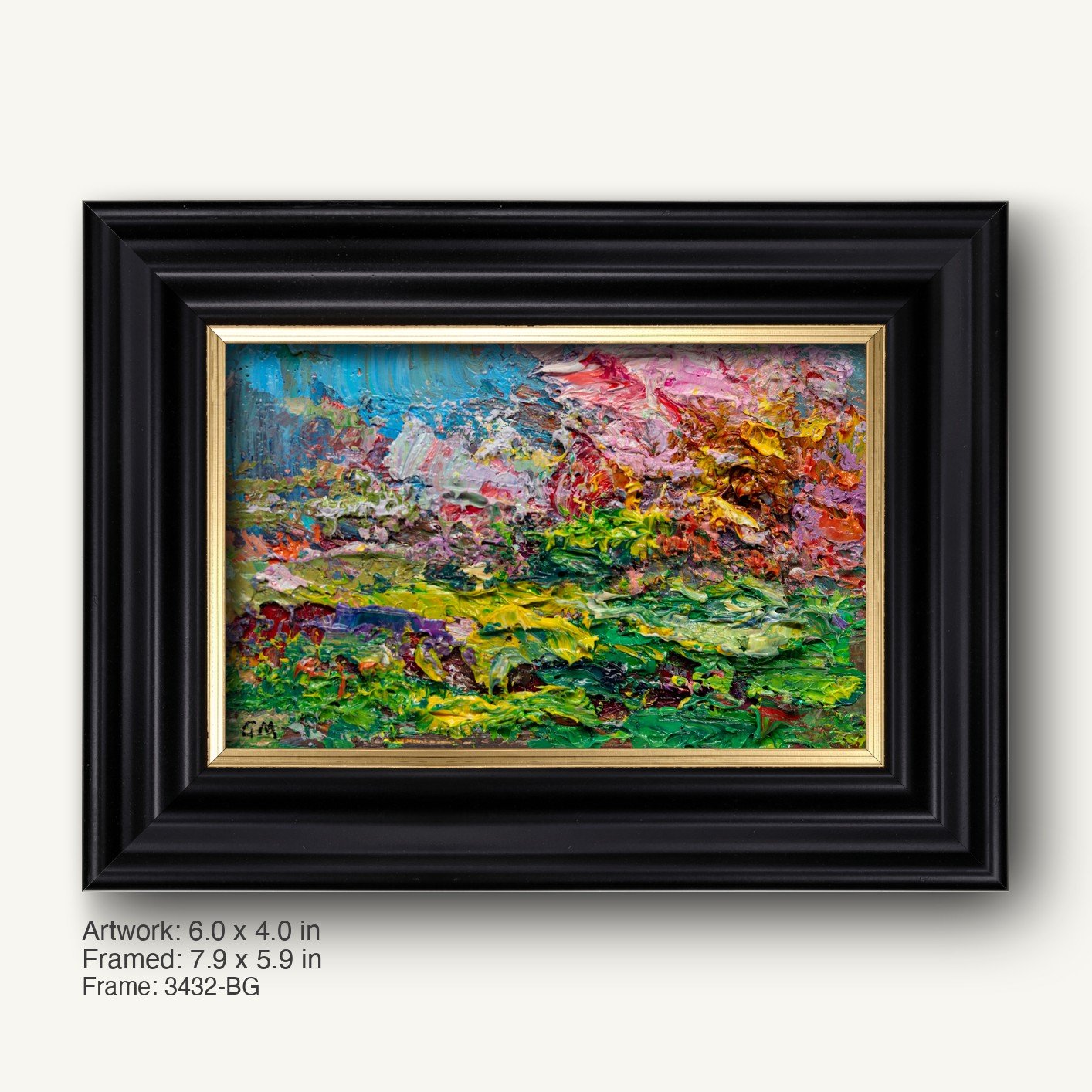 Abstract landscape oil painting with thick impasto texture in a black ornate frame with gold inner liner, showcasing vibrant greens, blues, and reds on canvas