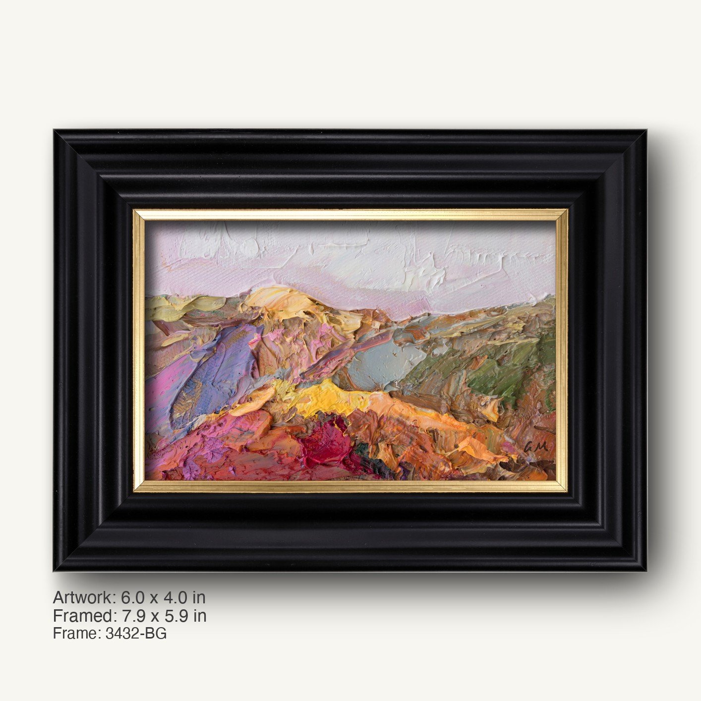Abstract mountain landscape oil painting in a black frame with gold inner liner, showcasing vibrant red, yellow, purple, and green hues on canvas