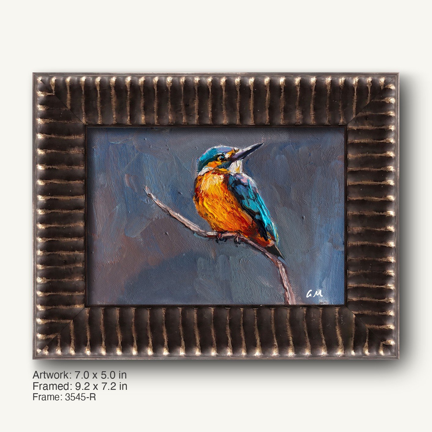 Hand-painted kingfisher perched on a branch, vibrant blue and orange plumage against a moody gray background, displayed in a dark textured frame with vertical ridges