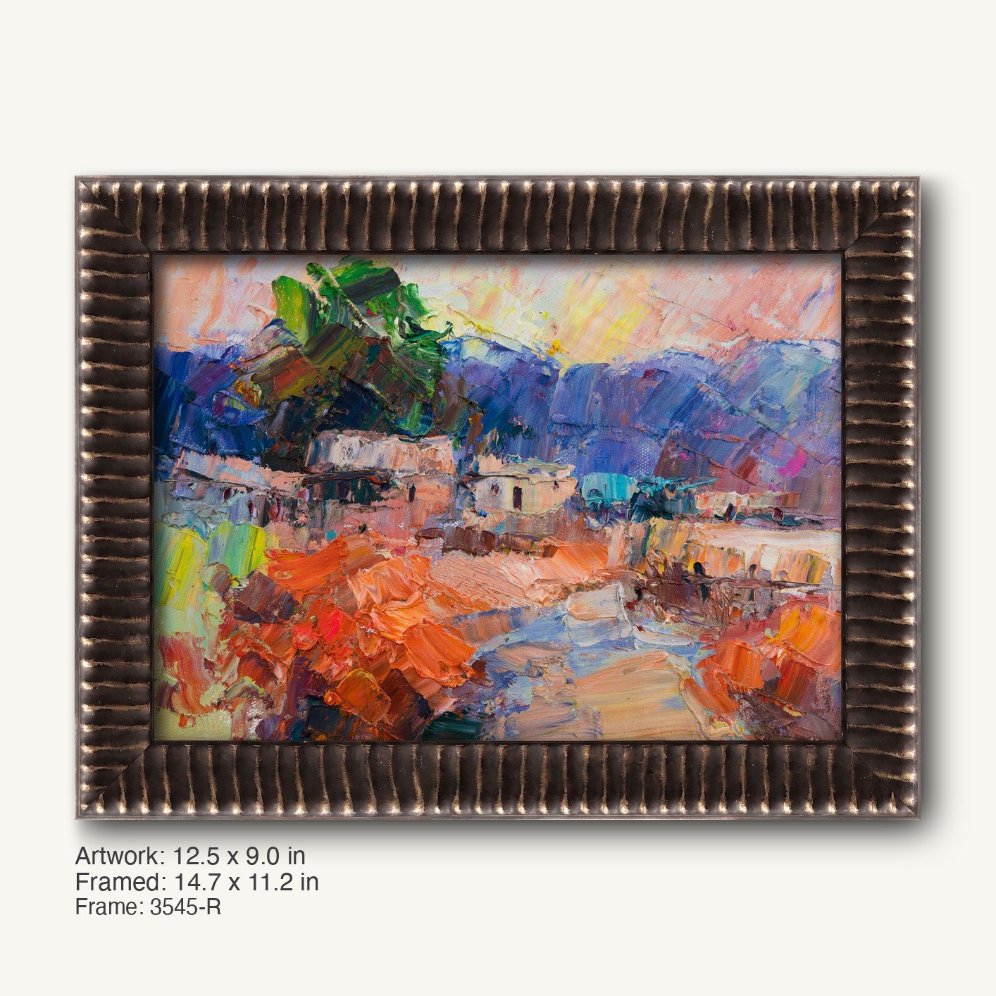 Expressive oil painting of a sunset village scene in warm hues, framed in a dark bronze textured frame with ribbed profile, horizontal composition