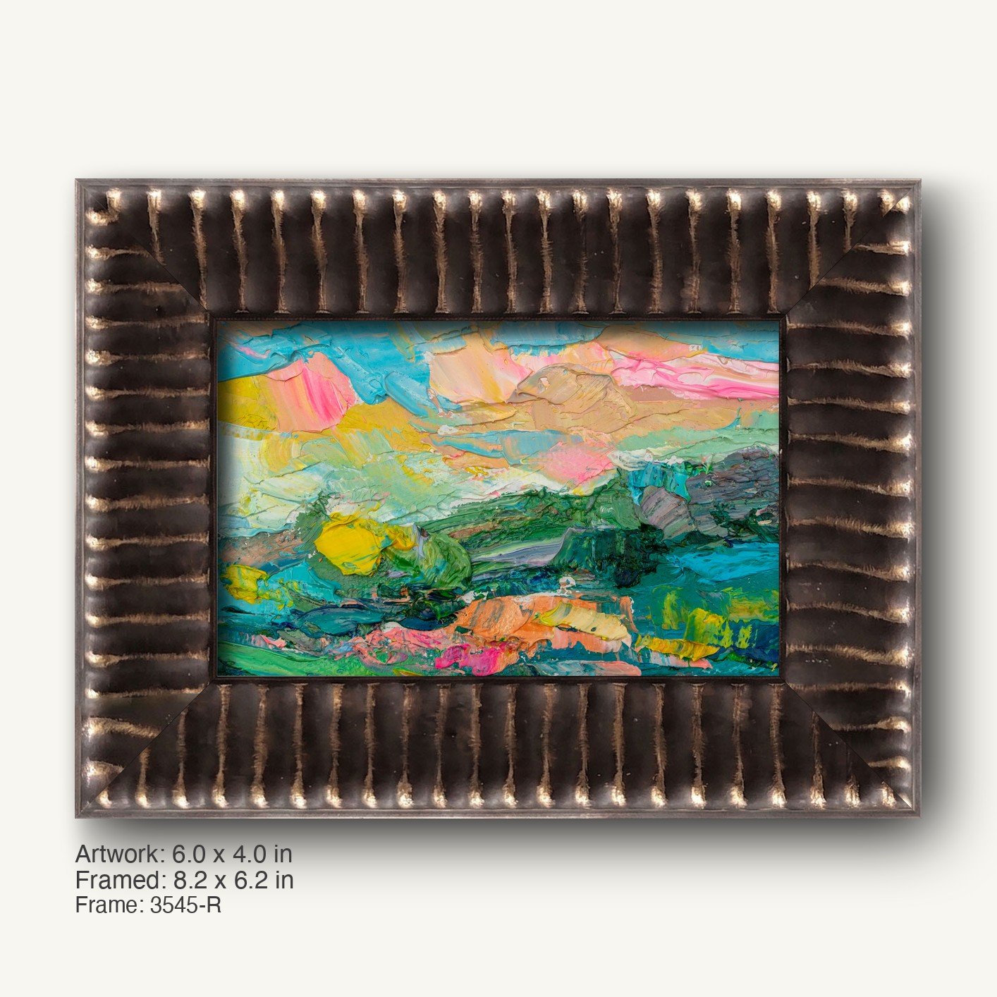 Hand-painted abstract landscape in a dark textured frame with vertical ridges, featuring vibrant blues, greens, and yellows on canvas, presented horizontally