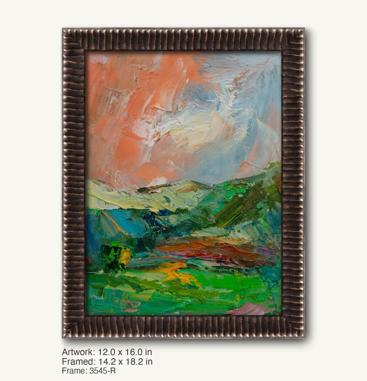 Vertical oil painting with impasto landscape in vibrant greens, blues, and oranges, framed in dark textured metal with ribbed profile, set against neutral background