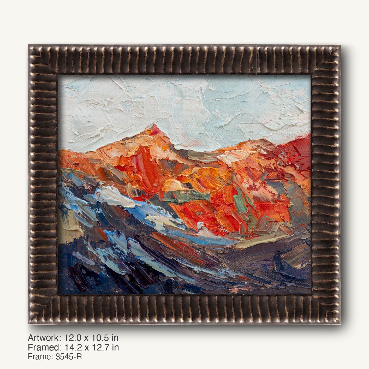 Abstract mountain landscape oil painting in a dark bronze textured frame with ribbed profile, showcasing bold red and blue hues on canvas