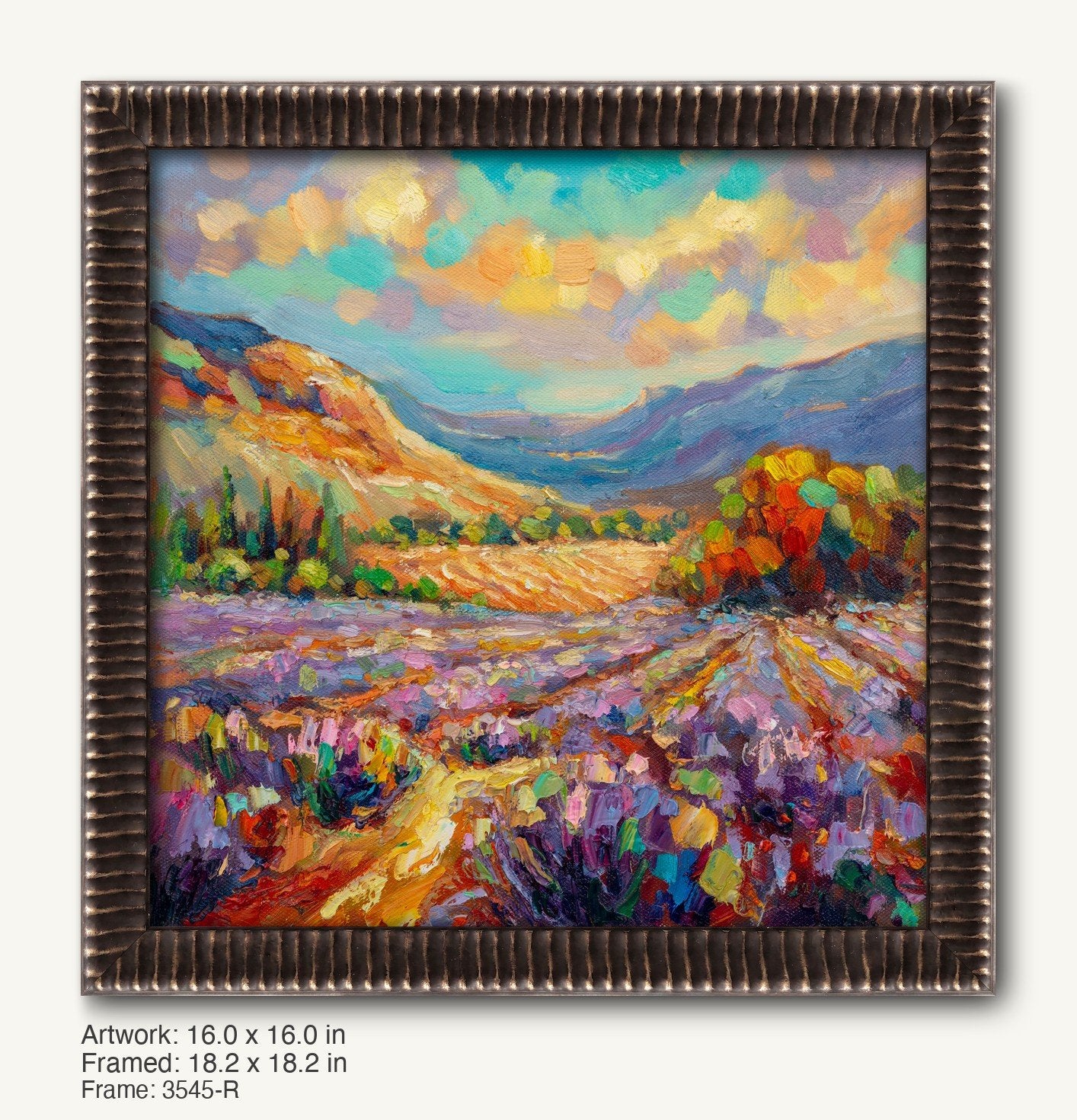 Lavender field landscape painting in a dark bronze textured frame with ribbed profile, showcasing vibrant purple, blue, and yellow hues in an impressionistic style