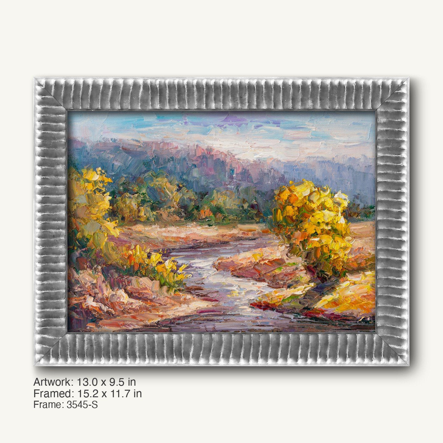 Impressionist river landscape painting in a cool silver ornate frame, featuring vibrant yellow foliage and flowing water under a soft sky