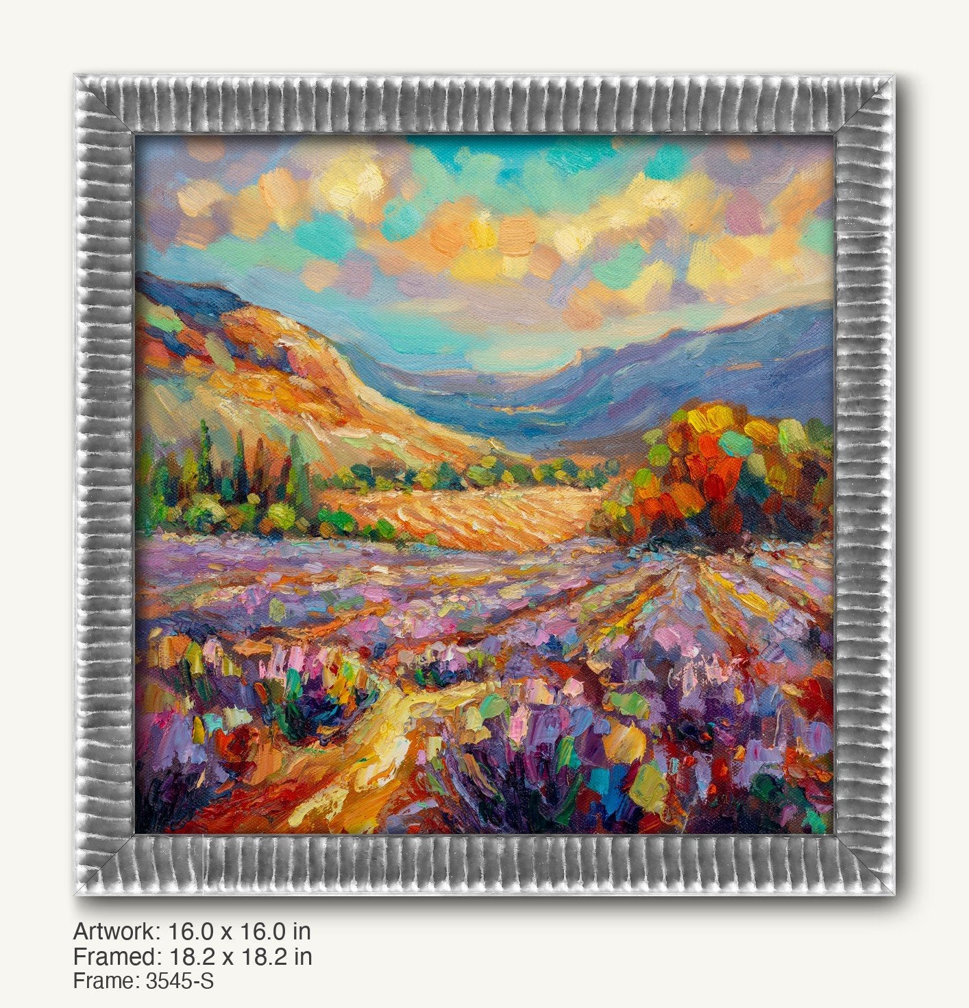 Lavender field landscape painting in a textured silver frame, featuring vibrant purple, blue, and yellow hues with impasto brushwork and a mountainous backdrop