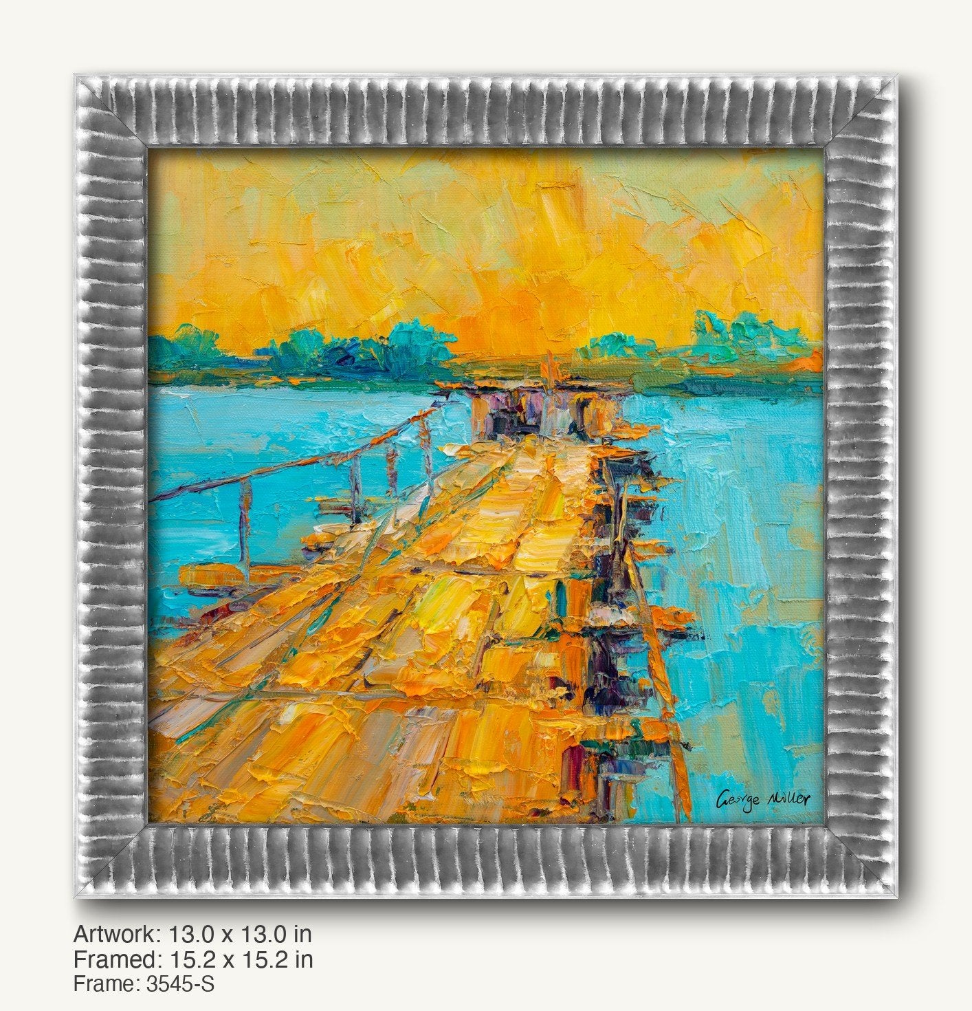Hand-painted dock scene in warm yellow and blue tones, framed in a textured silver ornate frame with ribbed profile, showcasing an impressionistic landscape on canvas.
