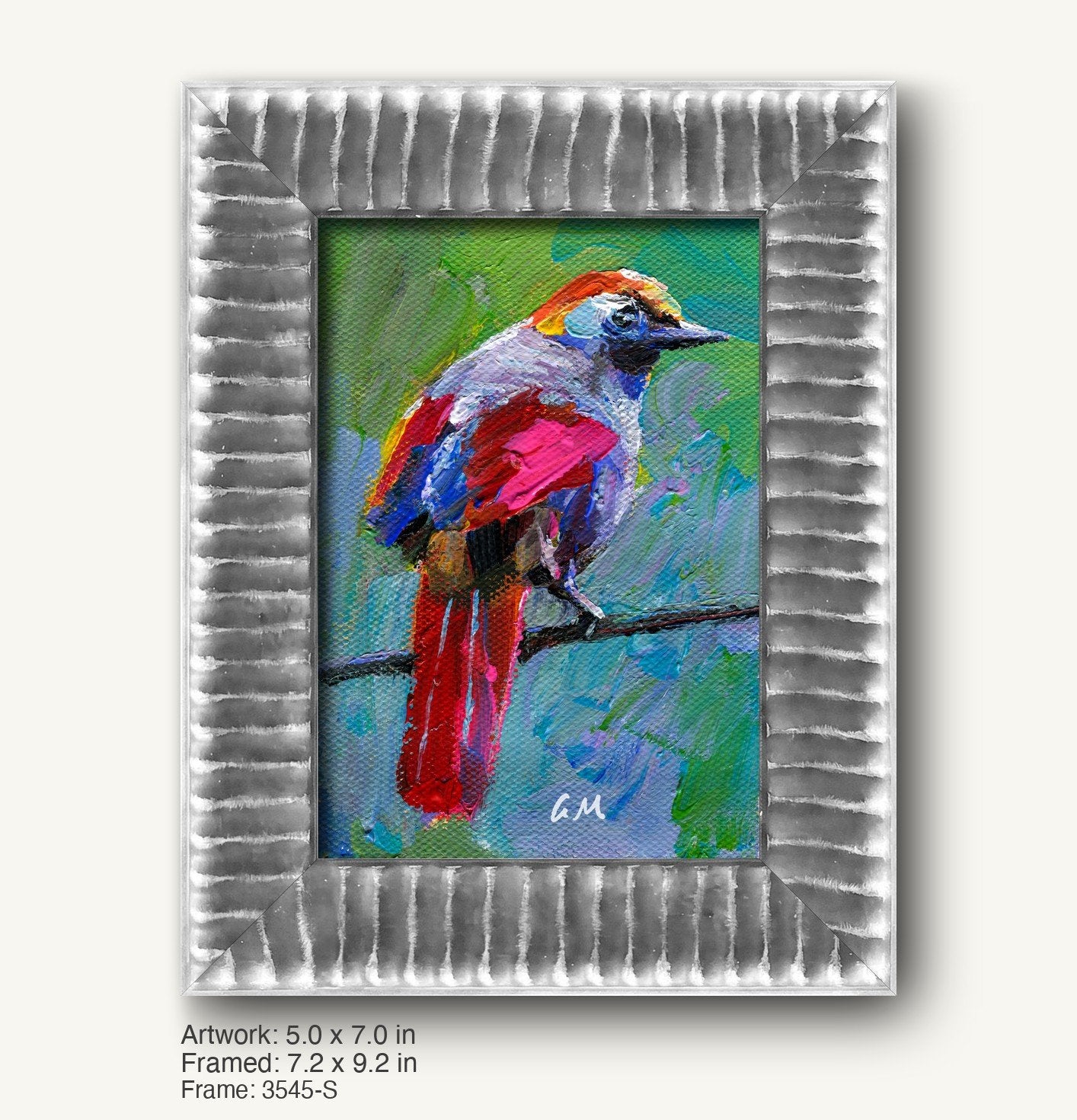 Vibrant oil painting of a colorful bird perched on a branch, framed in a textured silver-gray ornate frame with vertical ridges, set against a neutral background.