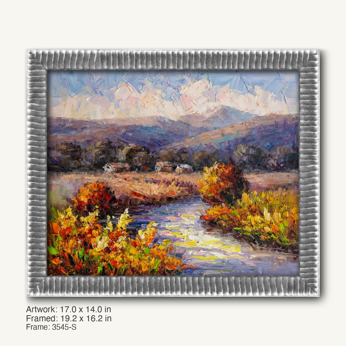Serene autumn river scene in oil on canvas, framed in a cool silver ornate frame with textured ridged profile, showcasing vibrant fall foliage and distant hills