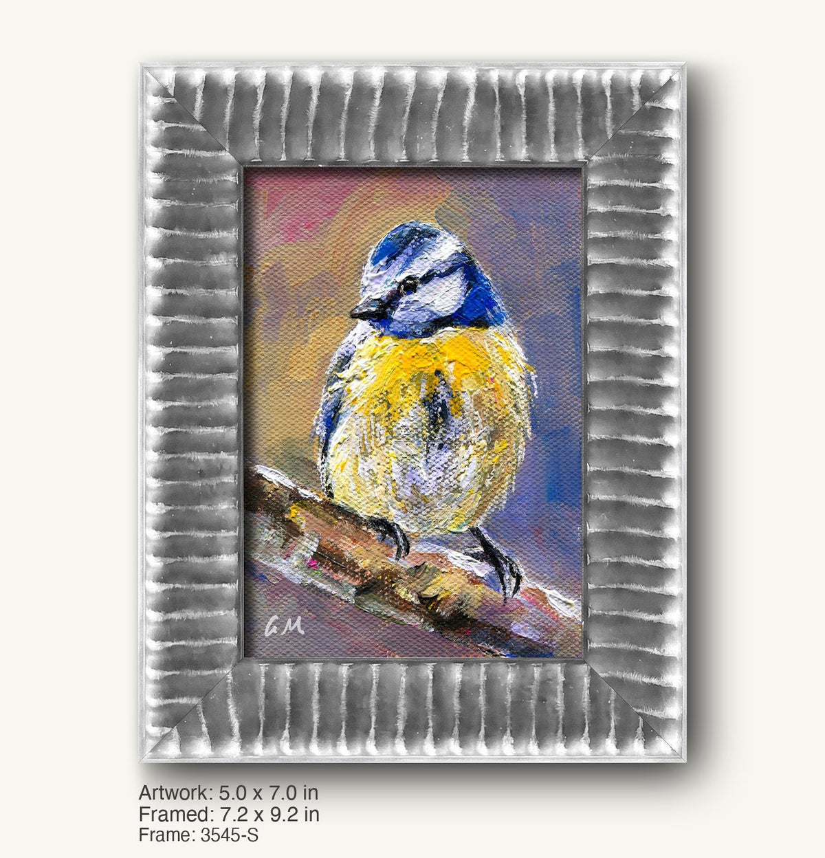 Palette knife oil painting of a blue tit perched on a branch, framed in a textured silver frame with vertical ridges, showcasing vibrant blues, yellows, and whites against a soft background