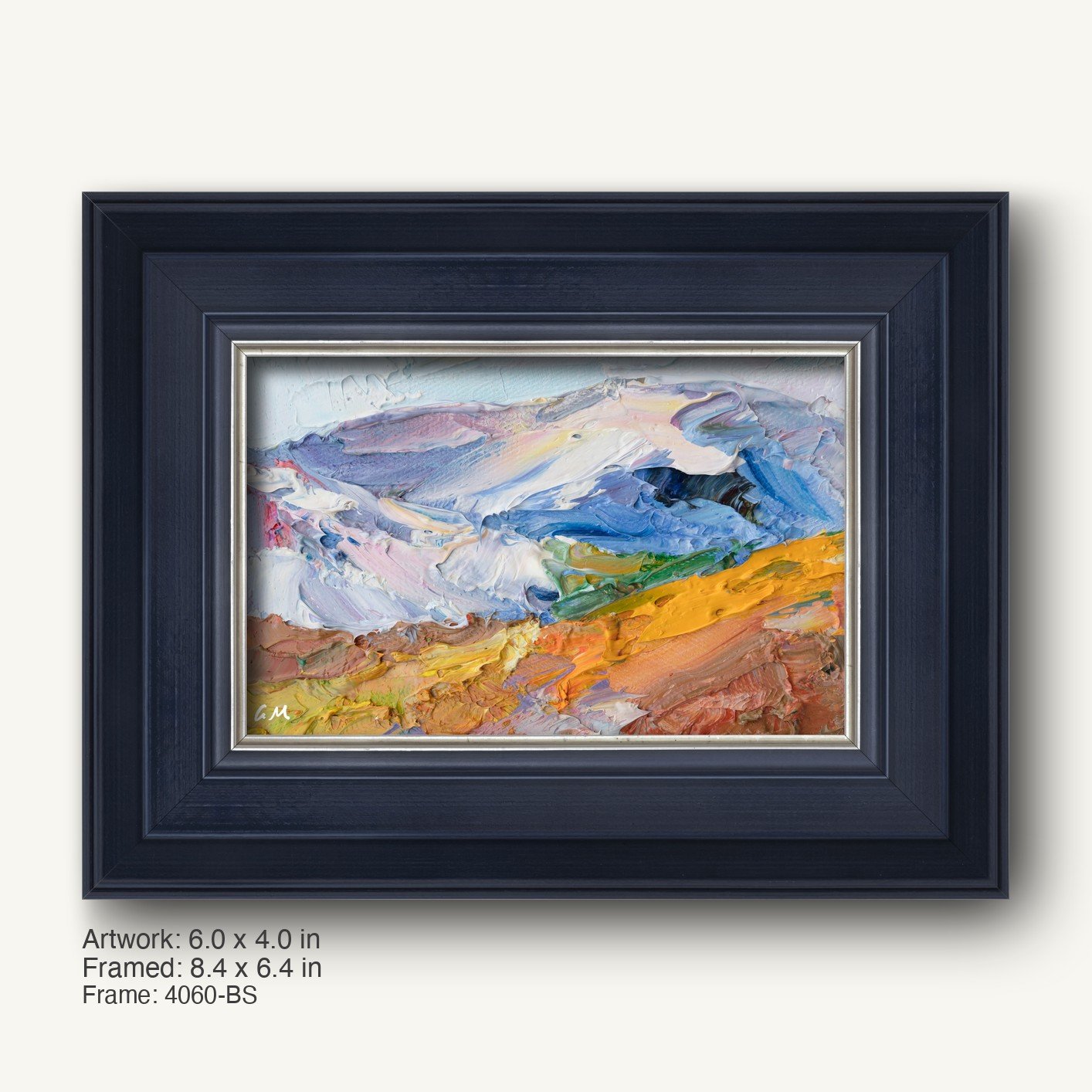 Hand-painted abstract landscape in dark wood frame with silver inner liner, showcasing textured oil brushwork in blue, yellow, and white hues on canvas