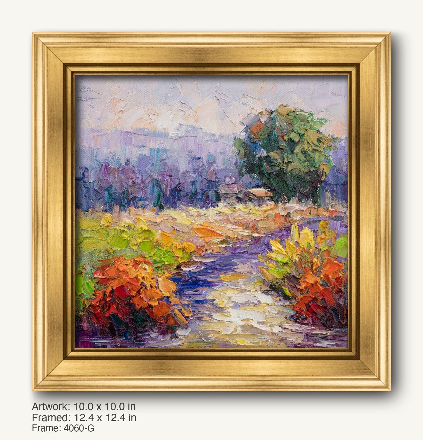 Impressionist landscape painting of a garden path in vibrant greens, oranges, and purples, displayed in a warm gold ornate frame with classic profile and subtle texture