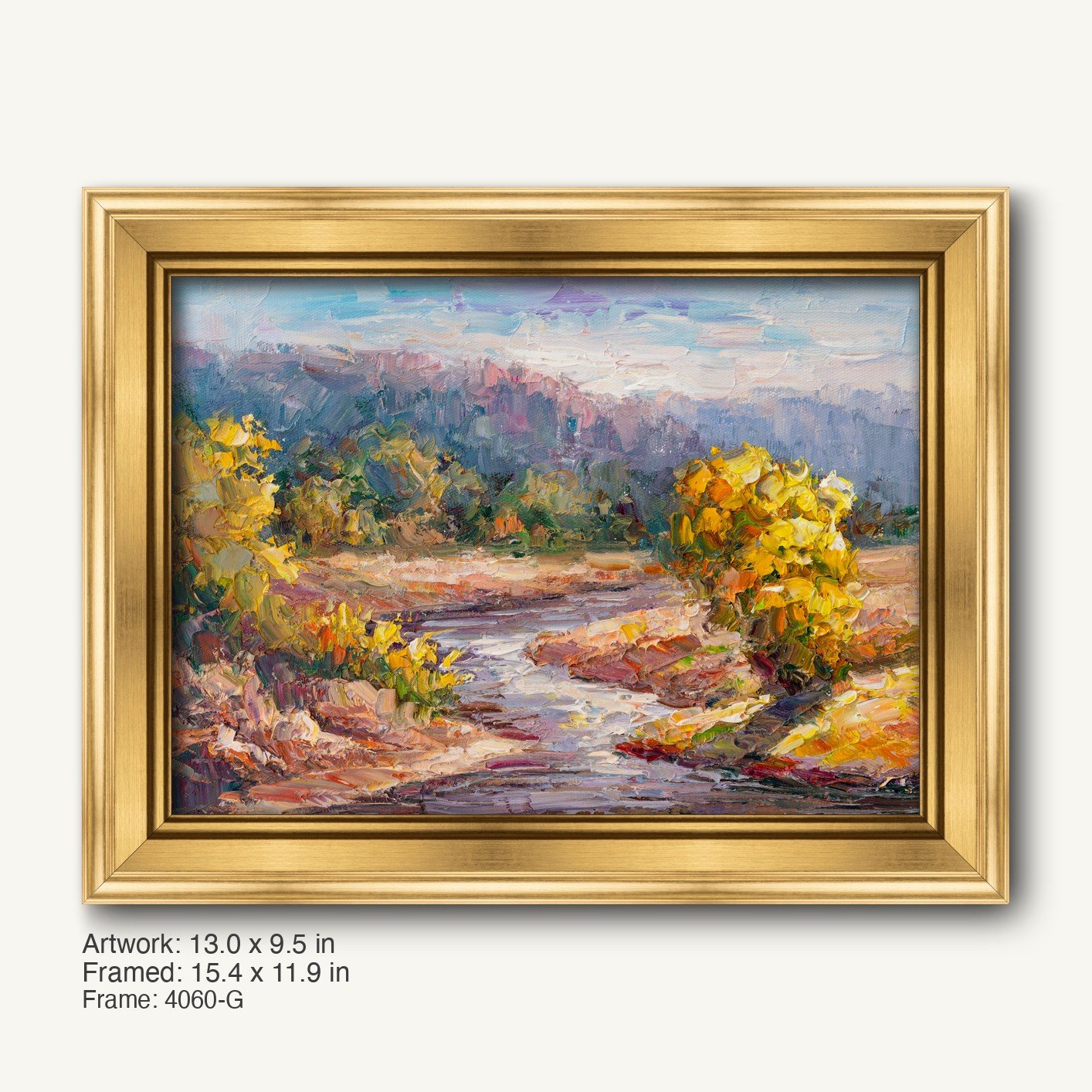 Impressionist river landscape oil painting in warm gold ornate frame, featuring vibrant yellow foliage and flowing stream under soft sky