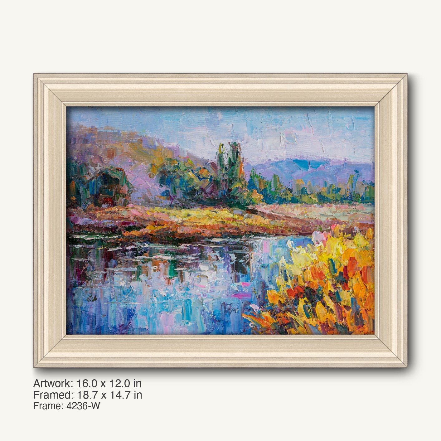Impasto landscape painting of river reflections in a light wood frame, featuring vibrant blues, greens, and yellows with textured brushwork