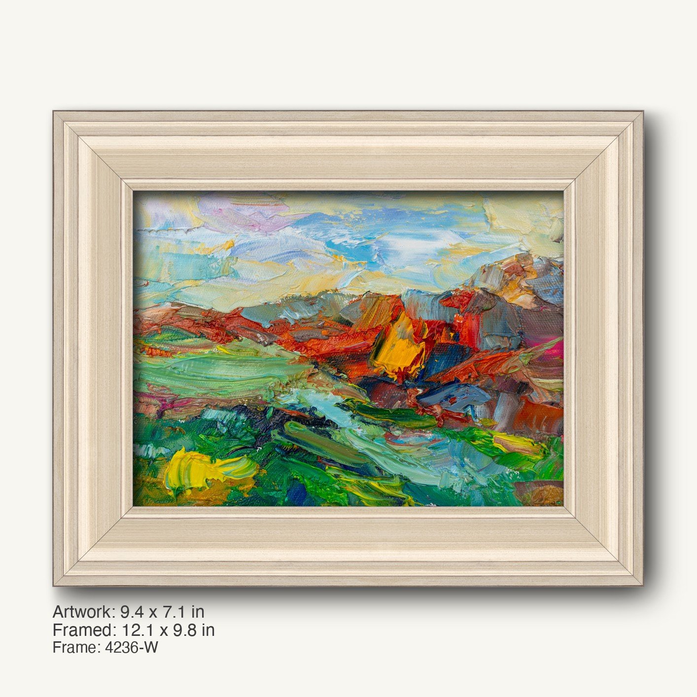 Expressive mountain landscape oil painting in a light wood frame, featuring vibrant greens, blues, and reds with textured brushwork, displayed horizontally.