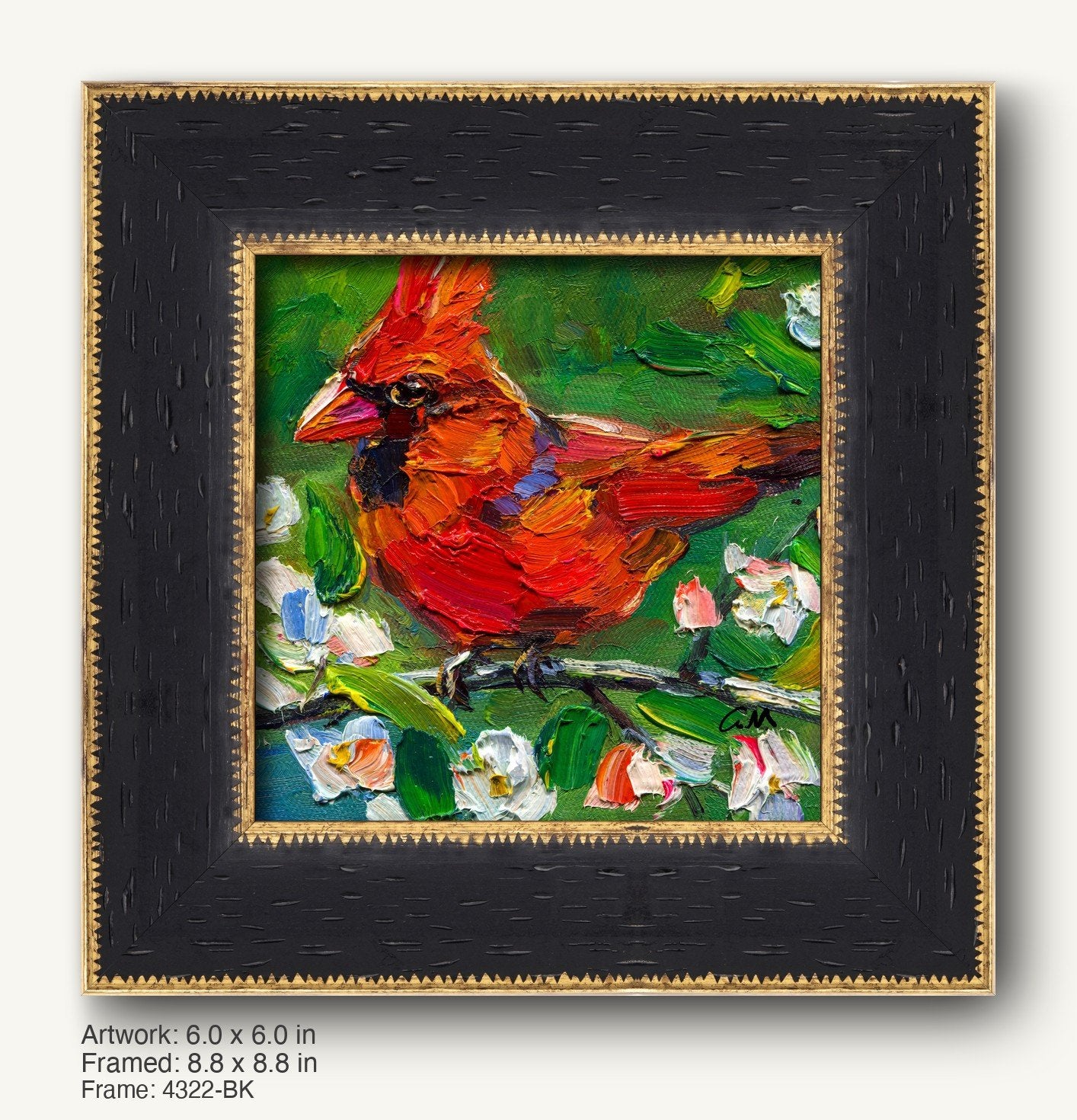 Vibrant oil painting of a red cardinal perched on a floral branch, rendered in thick impasto style, framed in a textured black frame with gold trim and ornate detailing.