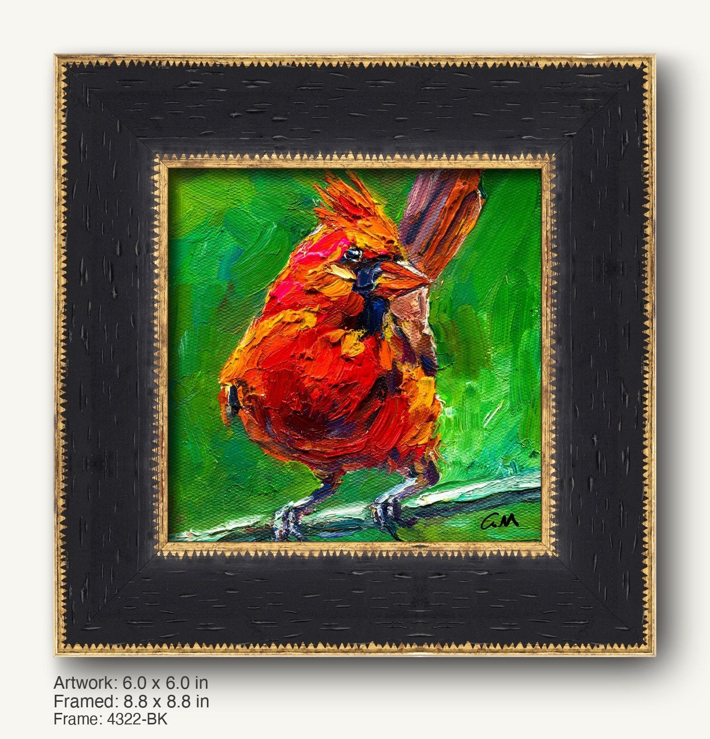 Vibrant oil painting of a red cardinal with impasto texture, set in a dark wood frame with gold trim and textured surface, displayed against a neutral background.