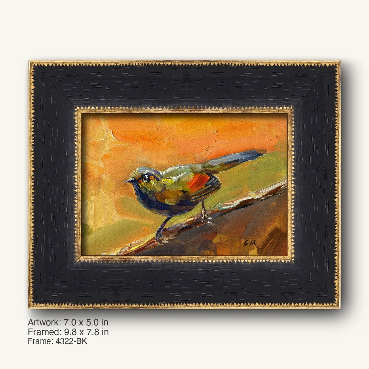 Vibrant oil painting of a bird on branch in warm orange and green tones, framed in dark textured black frame with gold trim, horizontal composition