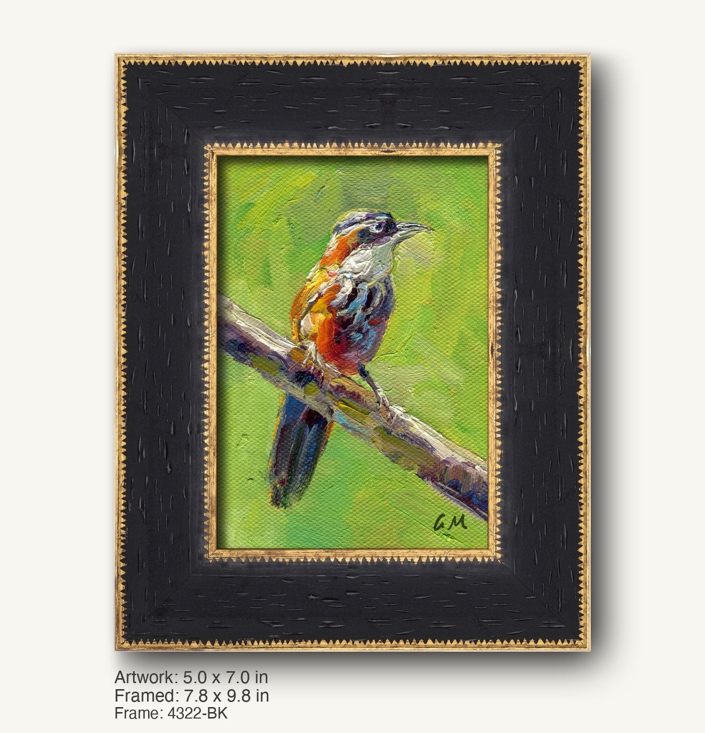 Impressionist oil painting of a colorful bird perched on a branch, framed in a dark wood frame with gold trim and textured surface