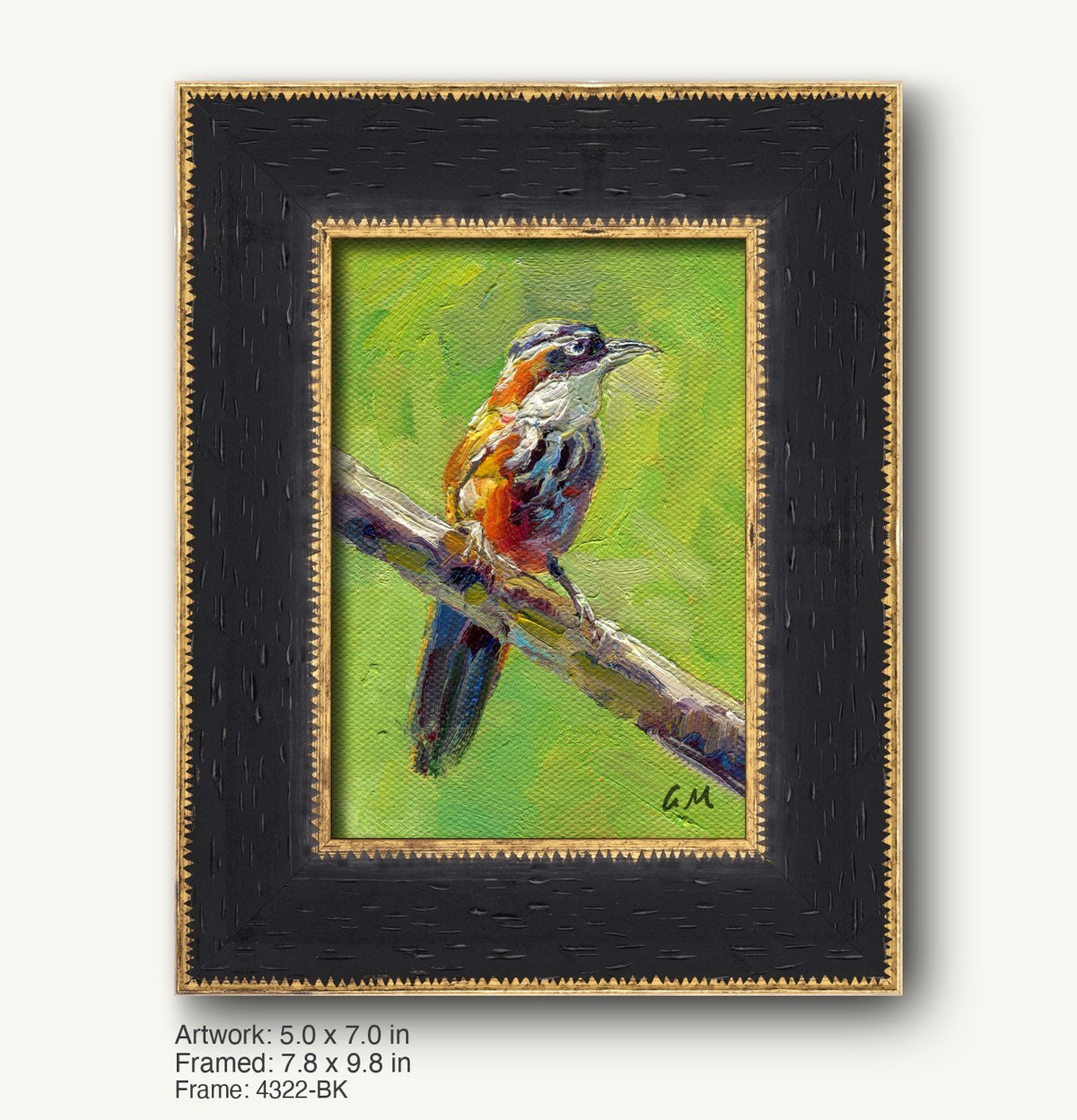 Impressionist oil painting of a colorful bird perched on a branch, framed in a dark wood frame with gold trim and textured surface