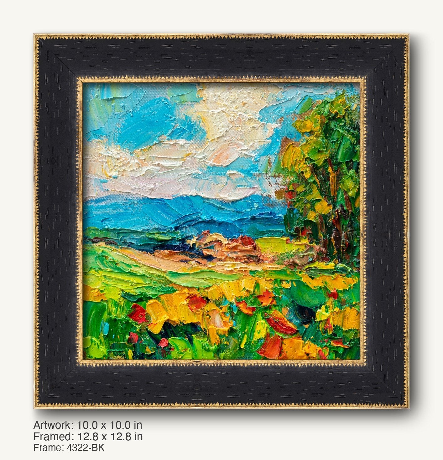 Vibrant coastal landscape oil painting in a dark wood frame with gold trim, featuring textured brushstrokes of blue sky, green hills, and yellow wildflowers