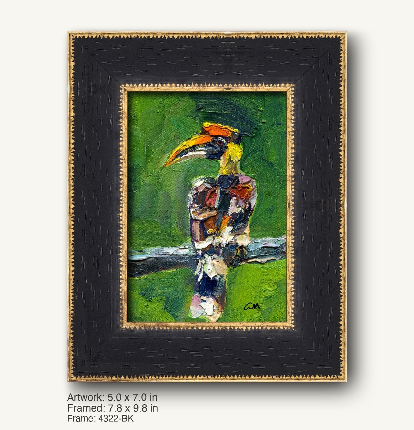 Vibrant oil painting of a toucan in a dark wood frame with gold trim, featuring textured brushwork and bold green, orange, and black colors on canvas.