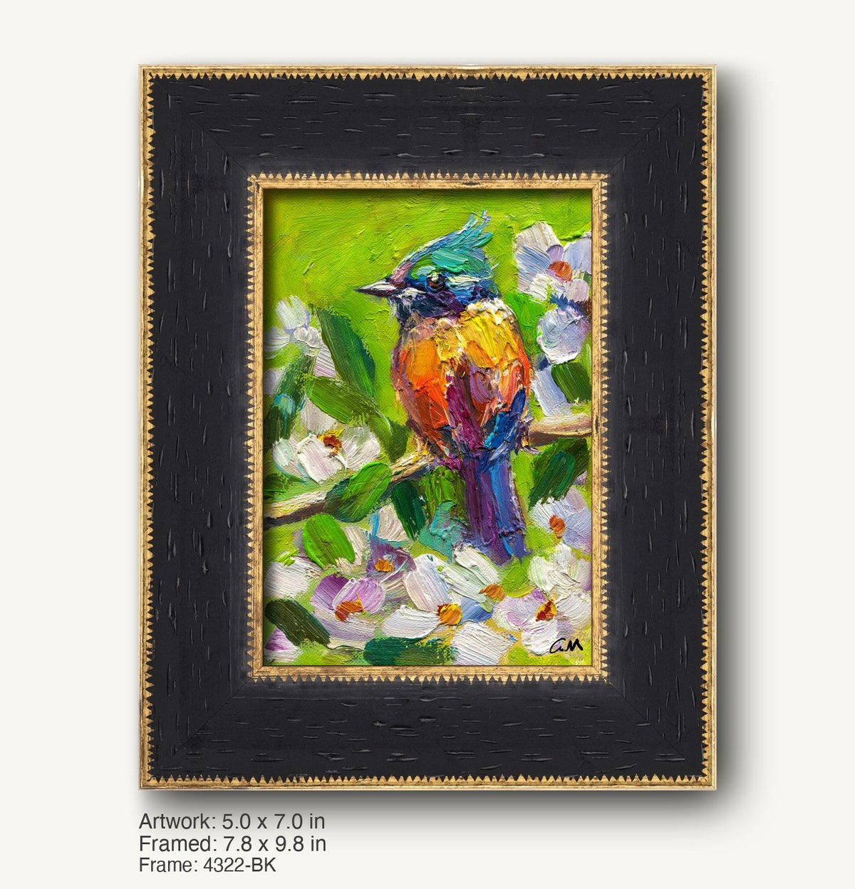 Vibrant oil painting of a colorful bird perched among white flowers, framed in a dark wood frame with gold trim and textured finish