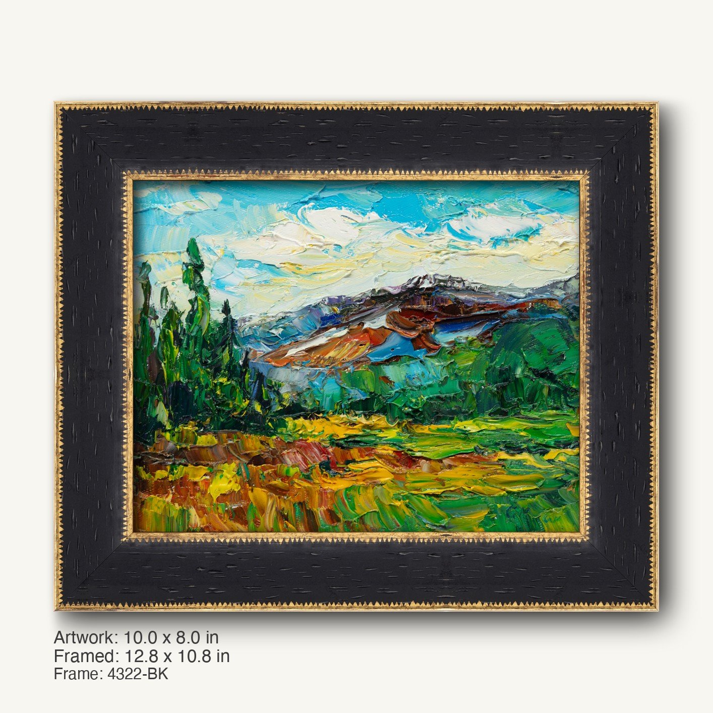 Impasto mountain landscape painting in a dark wood frame with gold trim, featuring vibrant green fields, blue sky, and textured brushwork