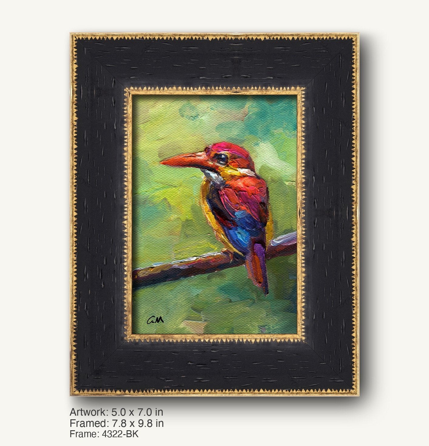 Vibrant oil painting of a kingfisher bird perched on a branch, framed in a dark textured black frame with gold trim, vertical composition