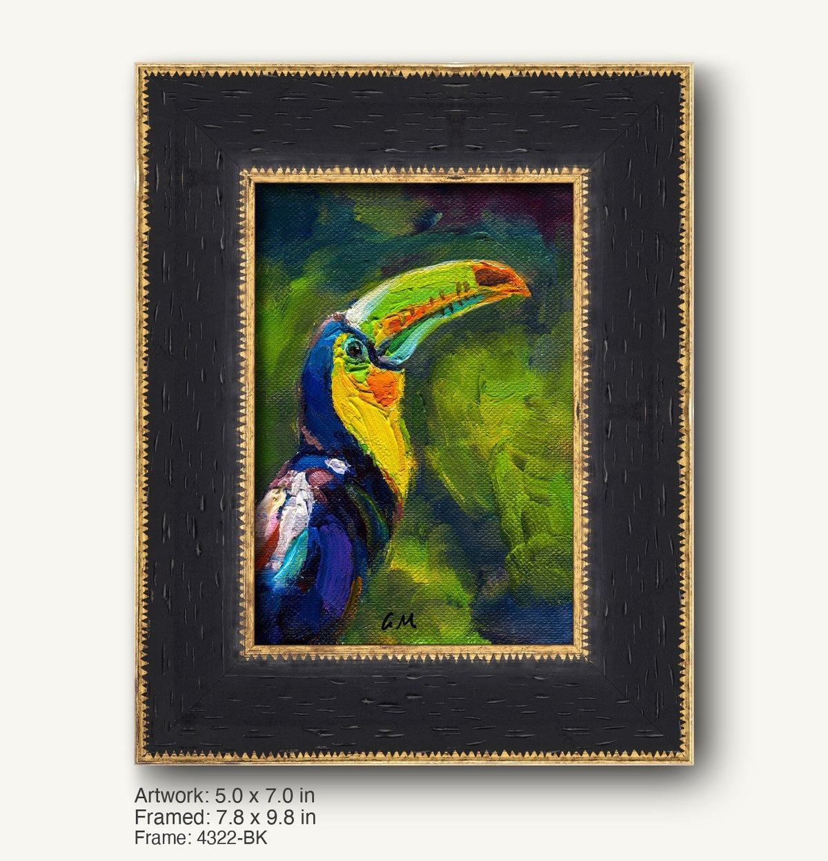 Vibrant oil painting of a colorful toucan in a dark wood frame with gold trim, vertical composition, expressive brushwork and bold colors