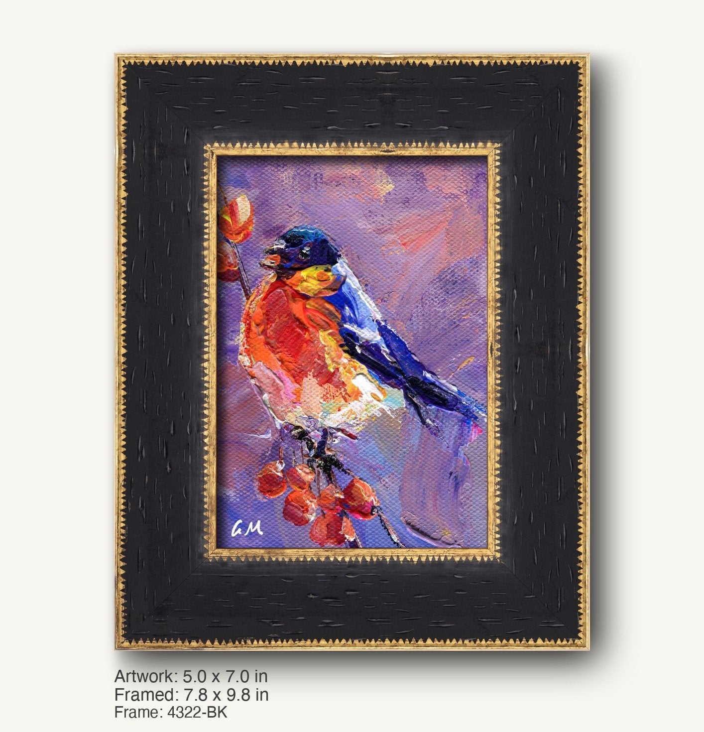 Expressive bird perched on berry branch in vibrant oil painting, framed in dark textured black frame with gold trim, vertical composition