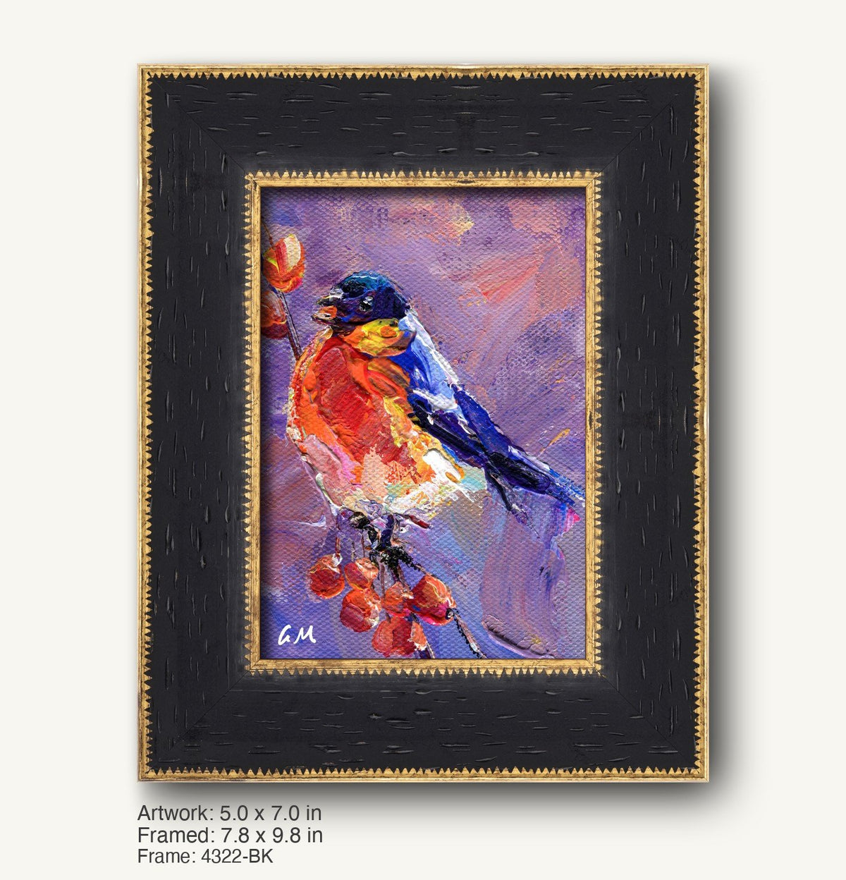 Expressive bird perched on berry branch in vibrant oil painting, framed in dark textured black frame with gold trim, vertical composition