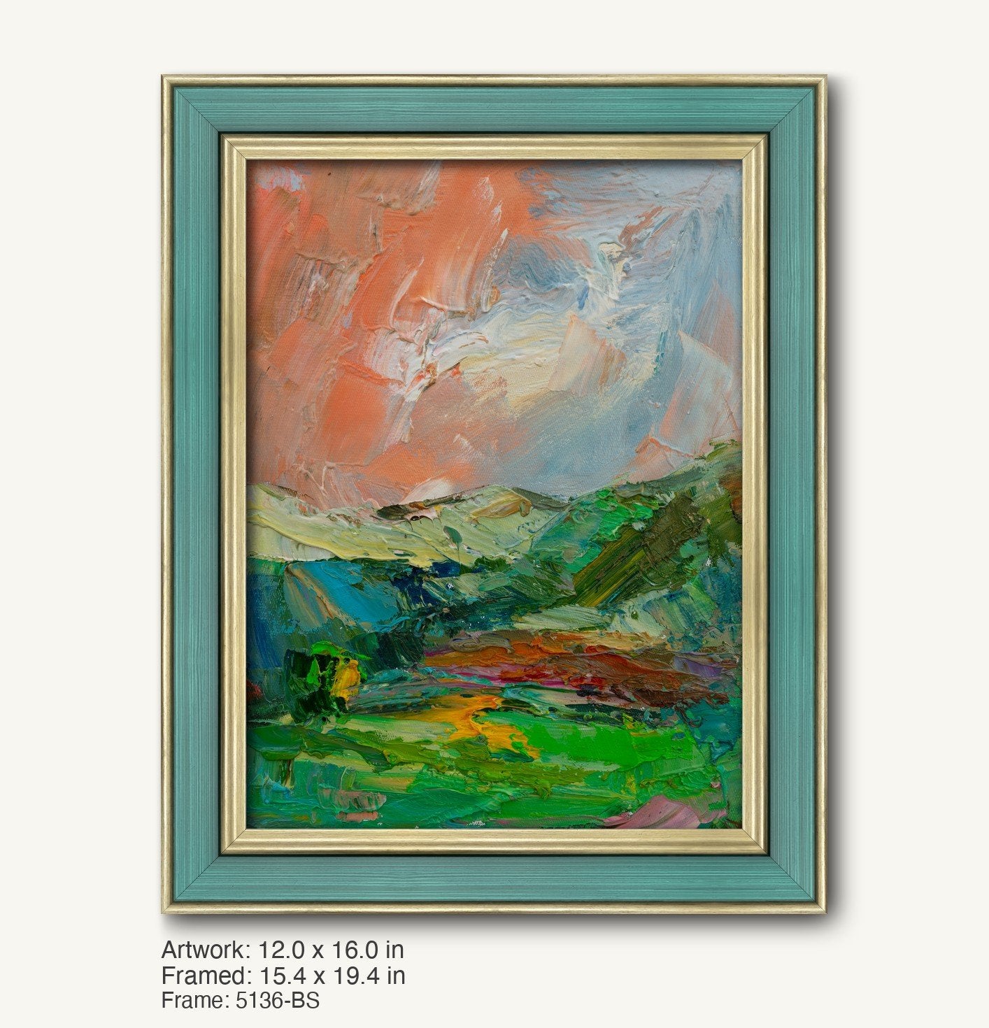 Vertical oil painting with impasto landscape in vibrant greens, blues, and oranges, framed in a teal and gold ornate frame with textured finish