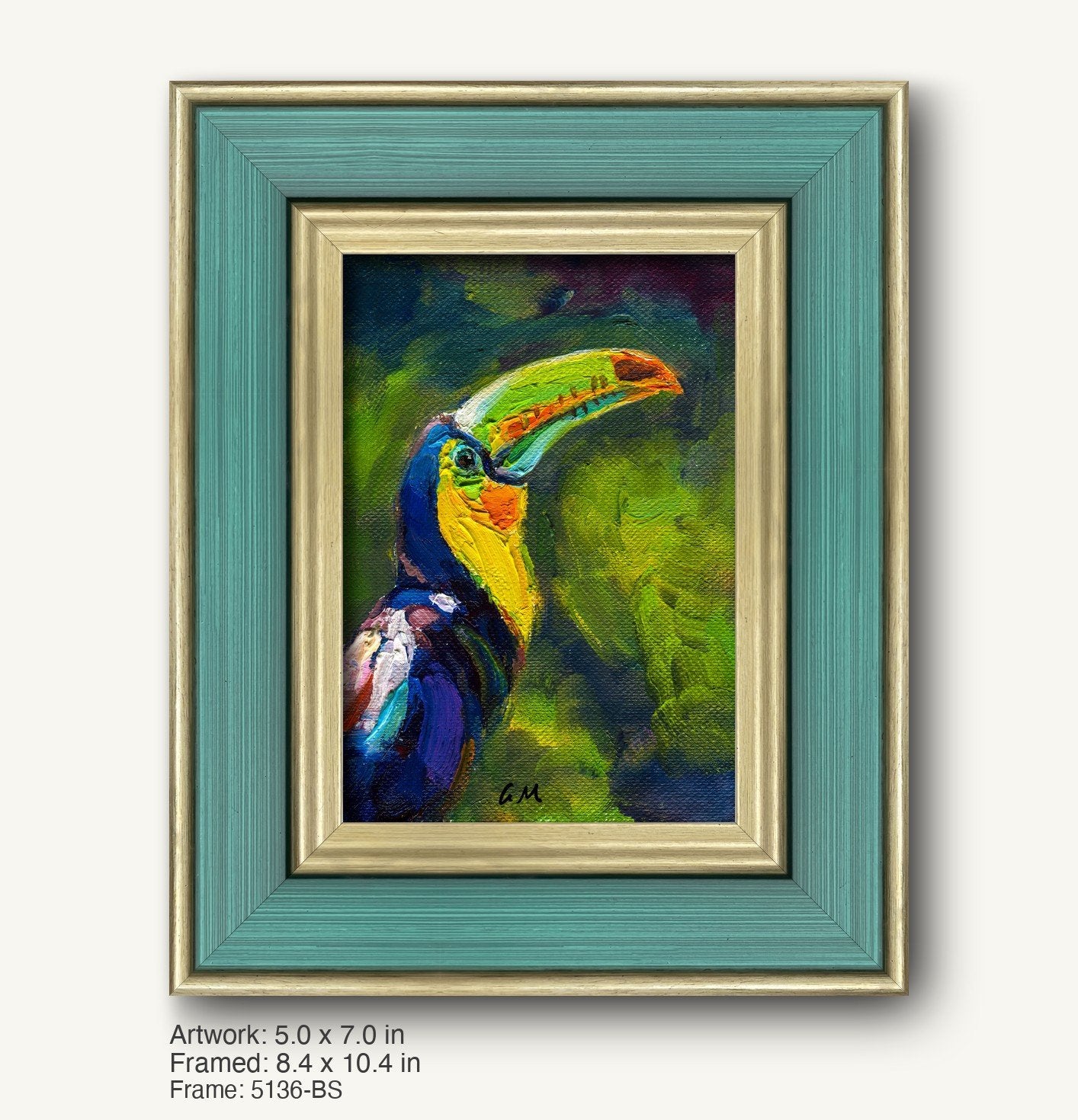 Vibrant toucan portrait in a teal and gold double frame, vertical canvas painting with expressive colors and textured brushwork