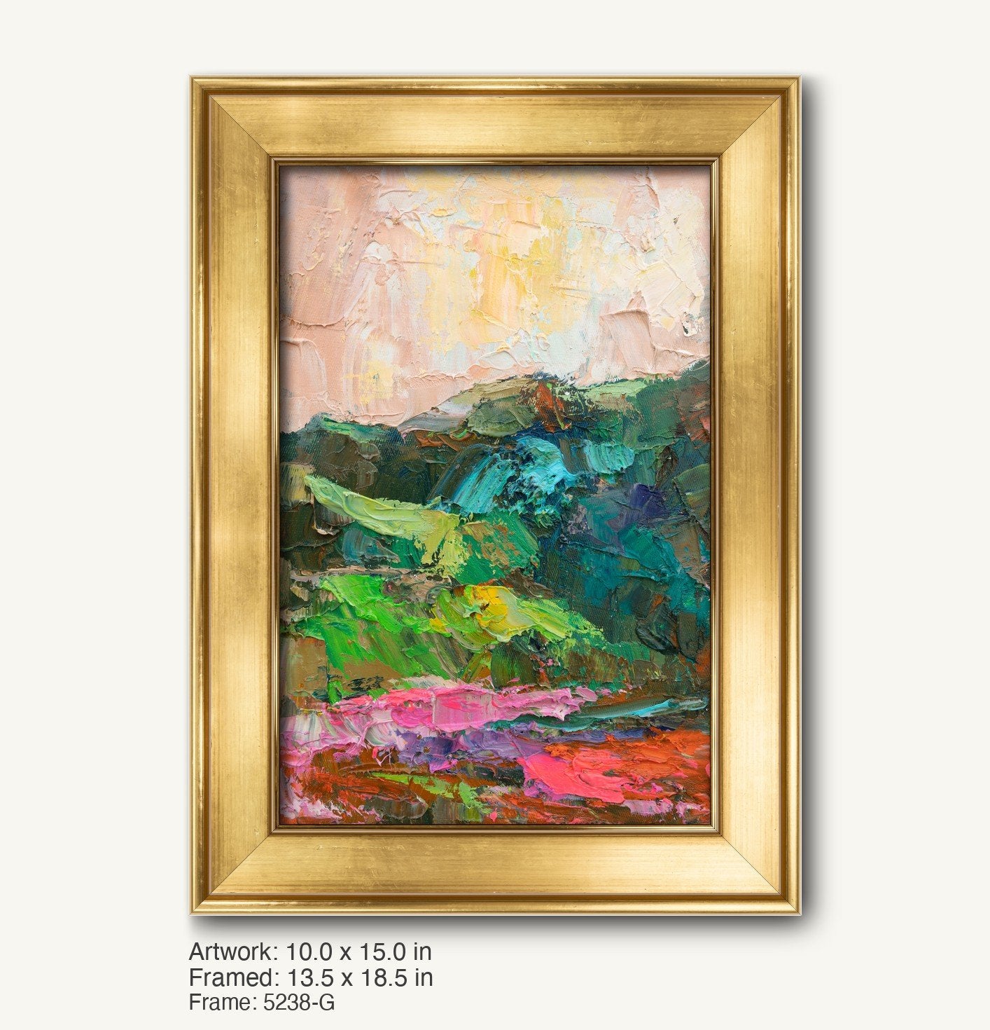 Vertical oil painting of a vibrant mountain landscape in expressive greens, pinks, and yellows, framed in a warm gold ornate frame with classic profile