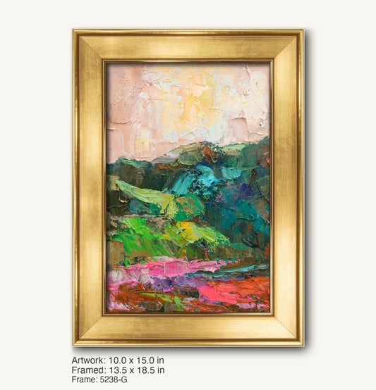 Vertical oil painting of a vibrant mountain landscape in expressive greens, pinks, and yellows, framed in a warm gold ornate frame with classic profile