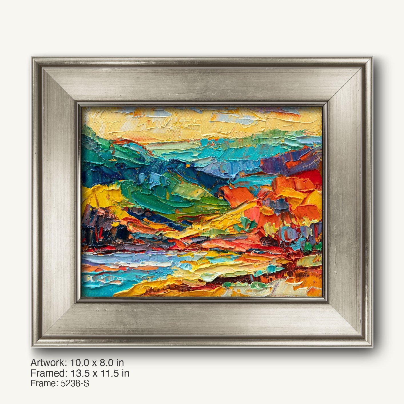 Vibrant abstract landscape painting in a cool silver modern slim frame, featuring bold strokes of blue, green, yellow, red, and orange on canvas