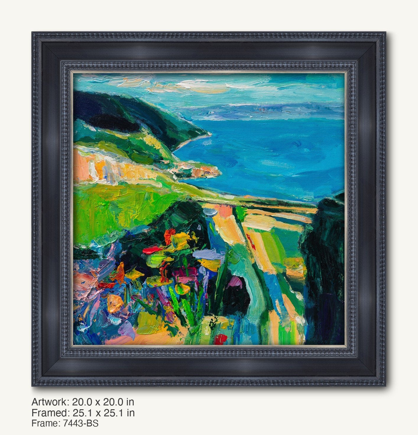Impasto coastal landscape painting in a dark wood frame with ornate beaded profile, showcasing vibrant blues, greens, and yellows on canvas