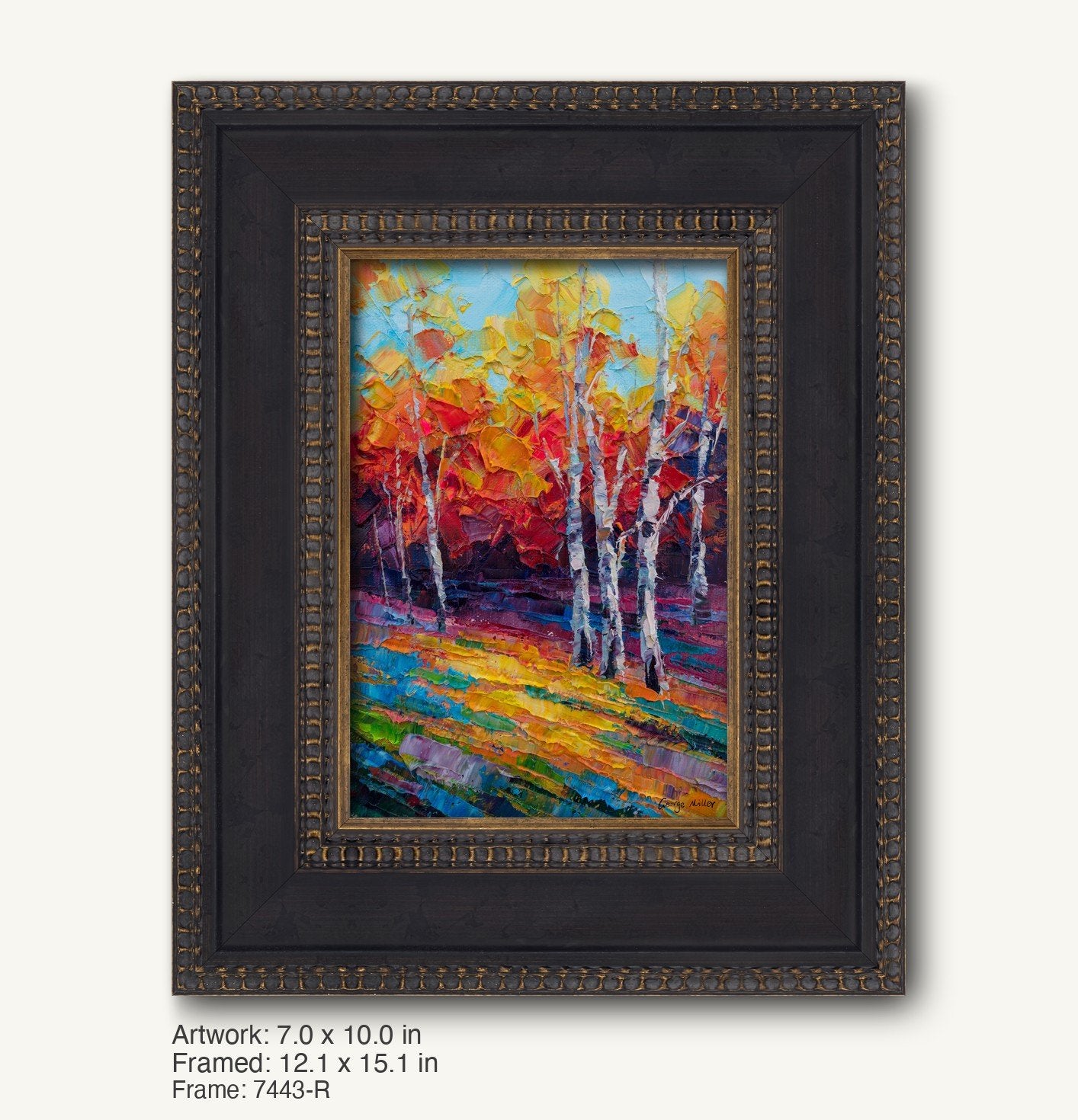 Vibrant autumn birch forest oil painting in dark wood frame with ornate gold detailing, vertical composition on canvas