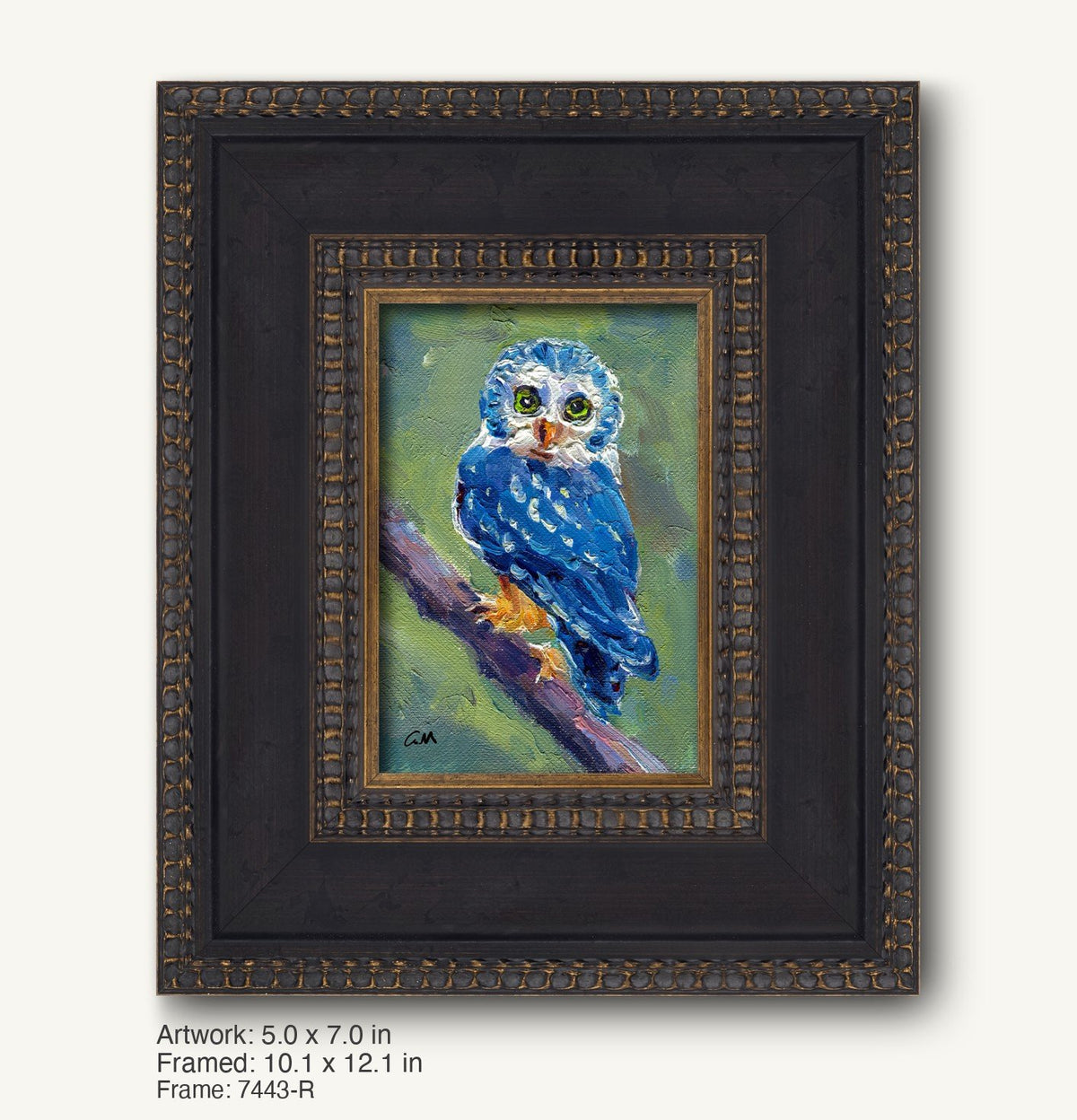Textured blue owl portrait by George Miller in dark wood frame with ornate gold detailing, vertical composition on canvas