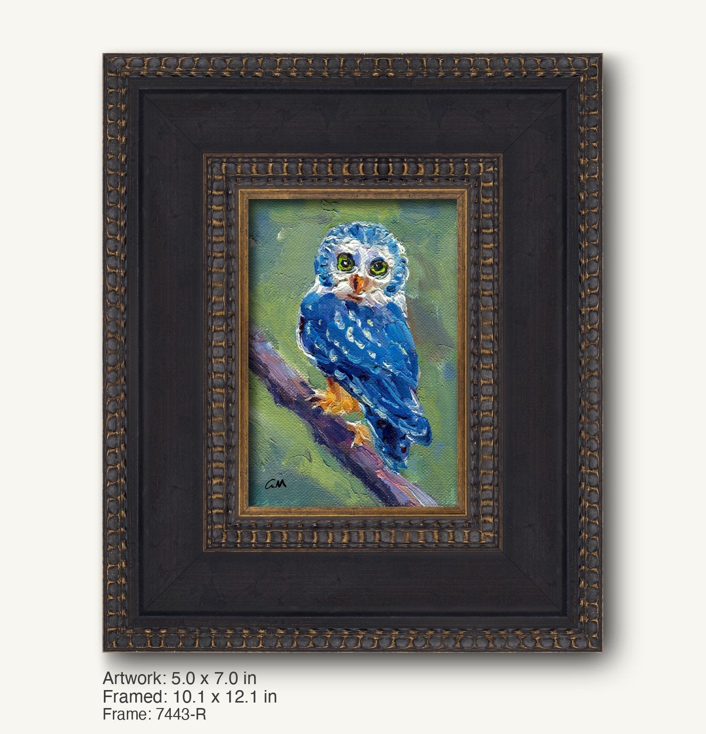 Textured blue owl portrait by George Miller in dark wood frame with ornate gold detailing, vertical composition on canvas