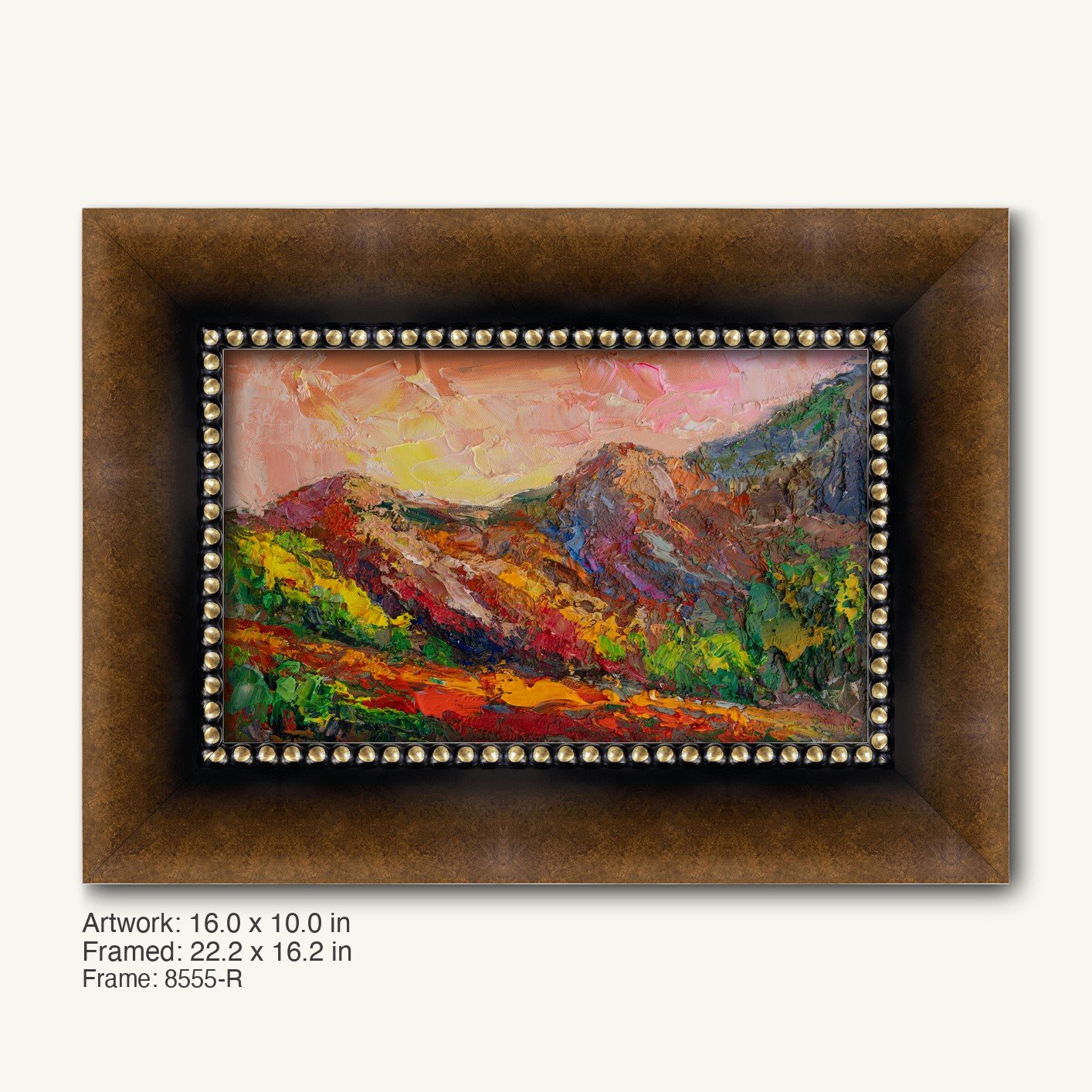 Vibrant impasto mountain landscape in oil on canvas, framed in a dark wood frame with ornate gold beaded inner border, showcasing rich textures and bold colors.