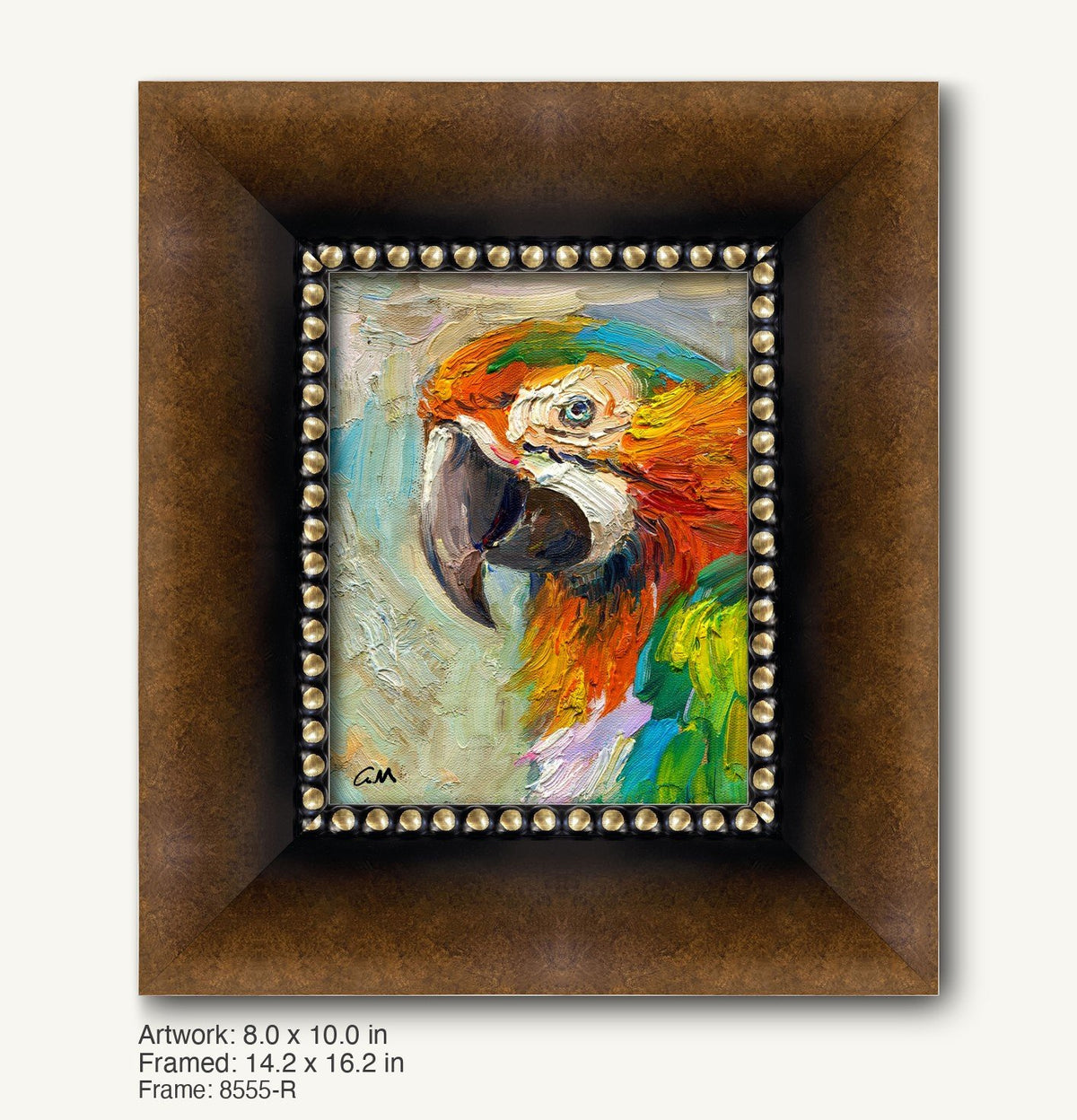 Vibrant oil painting of a macaw in warm gold ornate frame with beaded detailing, vertical composition on canvas